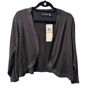 Nina Leonard Womens Open Front Cardigan Sz 2X Black Metallic Cotton Blend Lightw